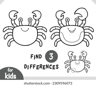 Cute cartoon crab sea animal, find differences educational game for children