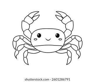Cute cartoon crab with a smiling face and raised claws, perfect for coloring activities or children's artwork in doodle style