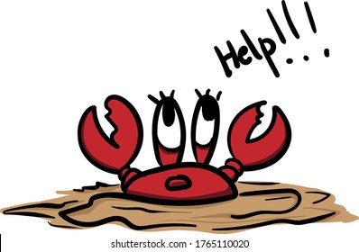 Cute cartoon crab trapped in quicksand and asking for help