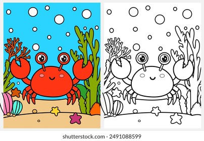 Cute cartoon crab underwater coloring page for kids, summer coloring pages for kids