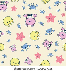 Cute cartoon crab vector seamless pattern background. Multicolor crustacean, jellyfish and starfish backdrop. Marine wildlife kawaii style design. All over print for vacation, baby kids beach concept