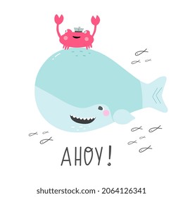 Cute cartoon crab, whale, sea life - vector illustration for kids.