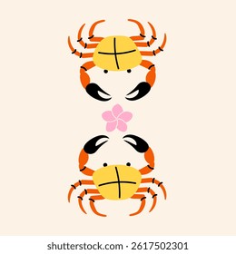 Cute cartoon crabs with flower – Funny sea animals illustration for kids decor, summer prints, stickers, cards 