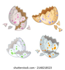 Cute cartoon cracked dinosaurs eggs set in different shapes and colors. Vector illustration isolated on white background. For print, design, cards, stationery, education, decor, sublimation.