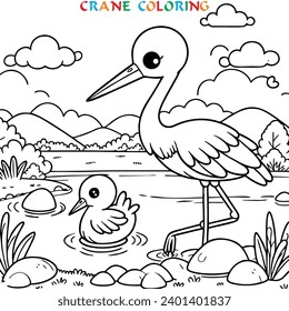 tira cómica de una grúa en el río, arte de línea, para colorear flamingo, vector, aislado