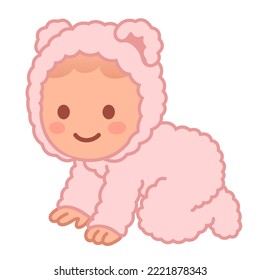 Cute cartoon crawling baby in fuzzy teddy bear onesie. Adorable vector newborn child clothes illustration.