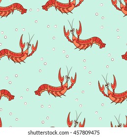 Cute cartoon crayfishes seamless pattern. Vector background with red lobsters on blue. 