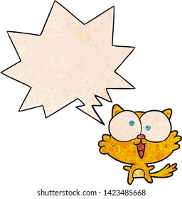 lindo dibujo animado loco gato con burbuja de voz en estilo de textura retro