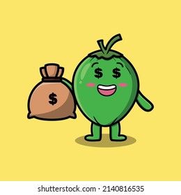 Cute cartoon Crazy rich Coconut with money bag shaped funny in modern design