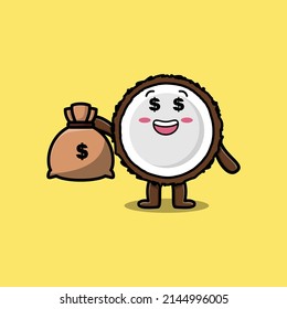 Cute cartoon Crazy rich Coconut with money bag shaped funny in modern design