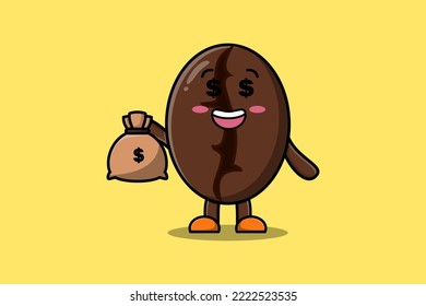 Cute cartoon Crazy rich Coffee beans with money bag shaped funny in modern design illustration