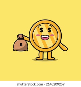 Cute cartoon Crazy rich gold coin with money bag shaped funny in modern design
