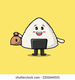 Cute cartoon Crazy rich rice japanese sushi with money bag shaped funny in modern design