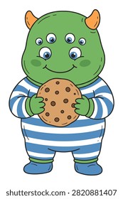 Cute cartoon creature in comfortable sleepwear holds a round cookie, ideal for children's themes and fun graphics.