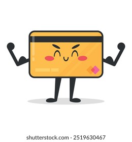 Cute cartoon credit card character. Strong plastic bank card with muscles. Vector illustration