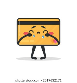 Cute cartoon credit card character is crying. Plastic card emoji character in childish style. Vector illustration