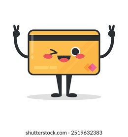 Cute cartoon credit card character. Plastic bank card mascot showing peace sign gesture and winking. Vector illustration