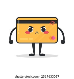 Cute cartoon credit card character is angry. Plastic card emoji character in childish style. Vector illustration