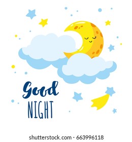 Linda media luna de dibujos animados y nubes en el cielo. Inscripción de escritura Buenas noches. La Ilustración vectorial es adecuada para tarjetas de felicitación e impresiones en camisetas.