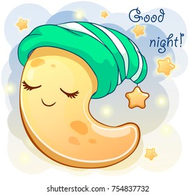 Cute cartoon crescent in the green cap sleeping. Vector illustration is suitable for greeting cards and prints on t-shirts.