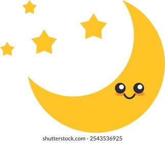 Linda luna creciente de dibujos animados con cara sonriente y estrellas, perfecta para libros infantiles, decoraciones de guardería y materiales educativos.