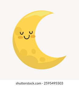 Cute cartoon crescent moon with a smiling face, closed eyes, and rosy cheeks. The crescent moon illustration is simple and cheerful, perfect for kids' designs. Isolated vector illustration.