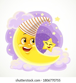 Cute cartoon crescent moon talks to star among the clouds