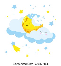 Cute cartoon crescent sleeping on a cloud. Vector illustration is suitable for greeting cards and prints on t-shirts.