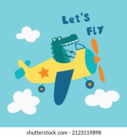 cute Cartoon crocodile with airplane vector illustration