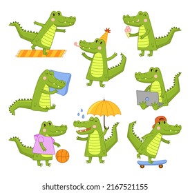 Cute cartoon crocodile. Aligator mascot in different activities, funny tropical animal character and happy smiling crocidiles vector illustration set of smiling crocodile tropical mascot amphibian