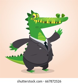 Cute cartoon crocodile, alligator or dinosaur wearing black businessman suit. Vector illustration of a lovely crocodile mascot isolated. Office worker crocodile stock mage