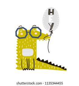 Cute cartoon crocodile with balloon. Childish print for nursery, kids apparel,poster, postcard. Vector Illustration