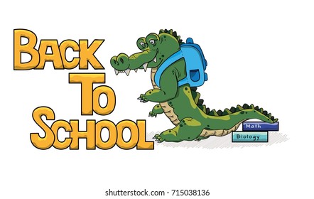Cute cartoon crocodile with briefcase and books. Back to school illustration.