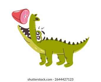 Cute cartoon crocodile catching meat