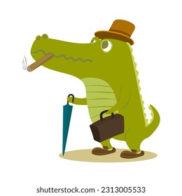 Cute cartoon crocodile character with cigar, hat, bag, shoes and umbrella