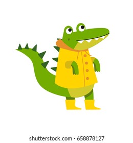 Cute cartoon crocodile character walking wearing yellow raincoat and rubber boots vector Illustration