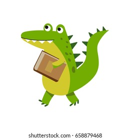 Cute cartoon crocodile character walking with book vector Illustration
