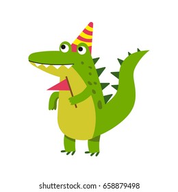 Cute cartoon crocodile character wearing party hat standing and holding pennant vector Illustration