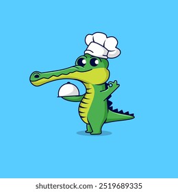 Cute cartoon crocodile chef finishes cooking 