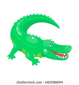 Cute cartoon crocodile for children graphics. Green adorable smiling animal. Flat childish style. Vector illustration.