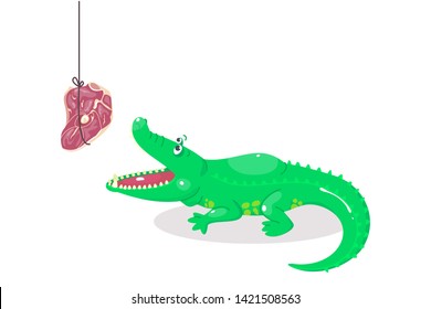 Cute cartoon crocodile for children graphics. Green alligator with piece of meat.  Predator and meal. Animal feeding. Flat childish style. Vector illustration.