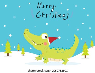 Cute Cartoon  crocodile in christmas day,Cartoon happy  crocodile, Flat vector illustration for prints, clothing, packaging and postcards, cute  crocodile, christmas day