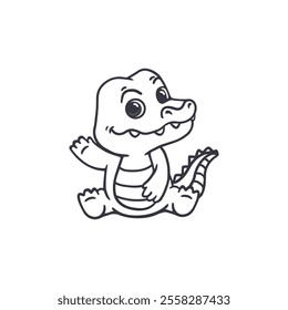 Cute cartoon crocodile cub isolated on white. Adorable character Crocodile sitting. Animal in doodle style. Vector illustration
