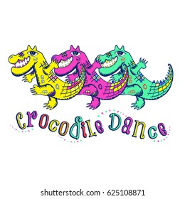 Cute cartoon crocodile dancing on white background. Vector illustration