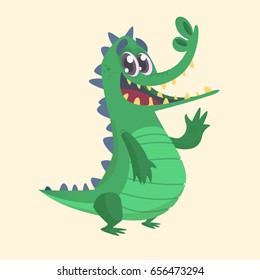 Cute cartoon crocodile or dinosaur. Vector  illustration of a green crocodile waving and presenting. Isolated on white