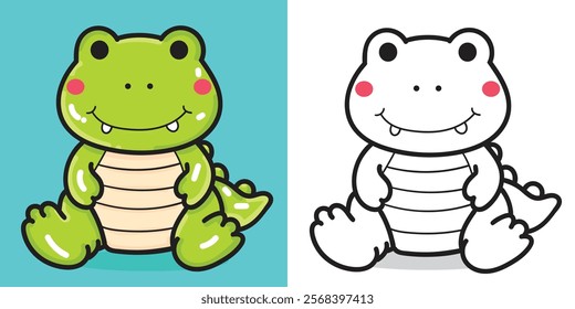 Cute cartoon crocodile doll for the coloring book or design element isolated on white background