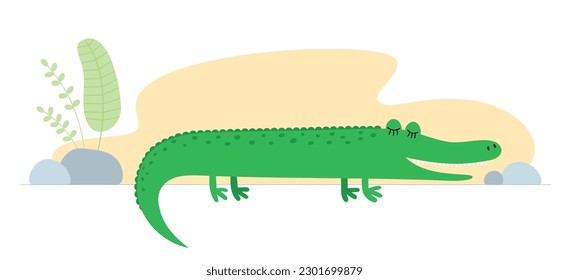 Cute cartoon crocodile. Drawing african baby wild animal alligator. Kind smiling jungle safari croc. Vector eps creative graphic hand drawn print