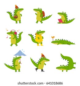 Cute cartoon crocodile in every day activities, colorful characters vector Illustrations