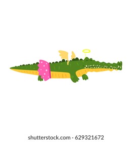 Cute cartoon crocodile girl in pink skirt and wings. African animal colorful character vector Illustration
