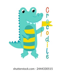 Cute cartoon crocodile. Hand drawn vector illustration. isolated on white background.